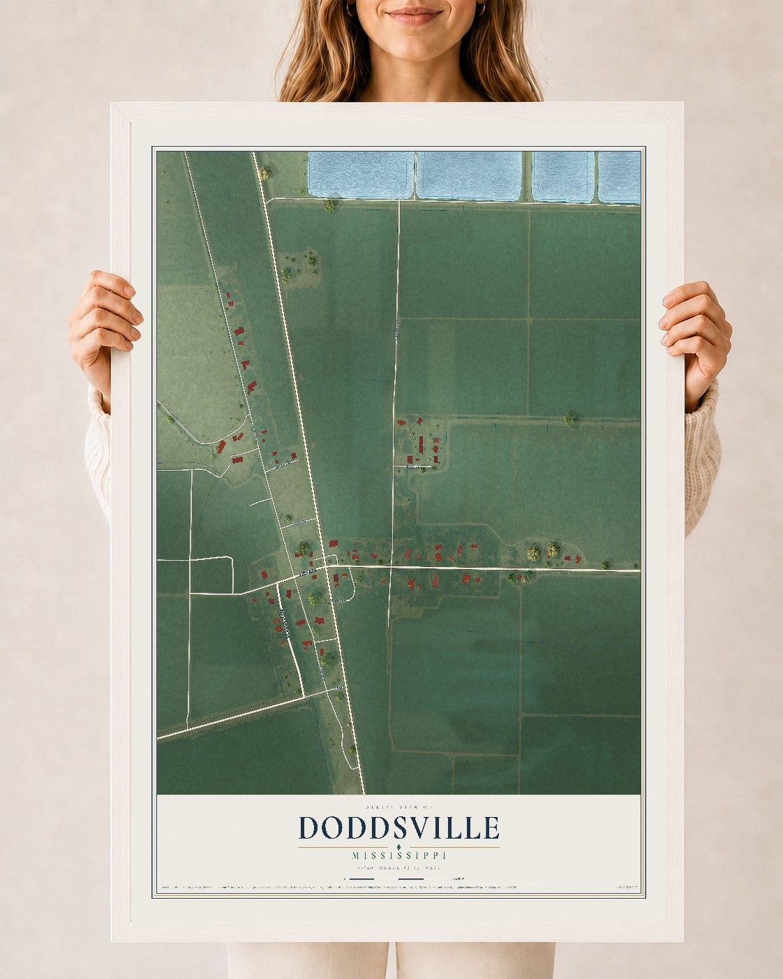Map of Doddsville, Mississippi, 24 x 36 inch print in a white wood frame