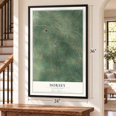 Dorsey, Mississippi map, 24 x 36 inch print in a black frame by a staircase