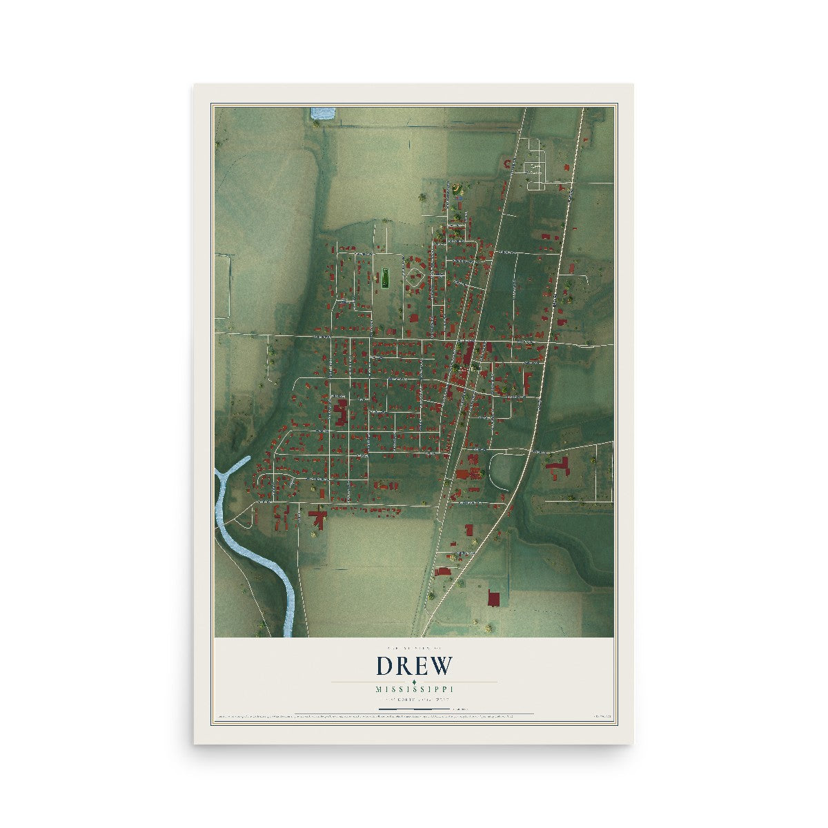 Map of Drew, Mississippi, 12 x 18 inch unframed archival matte print