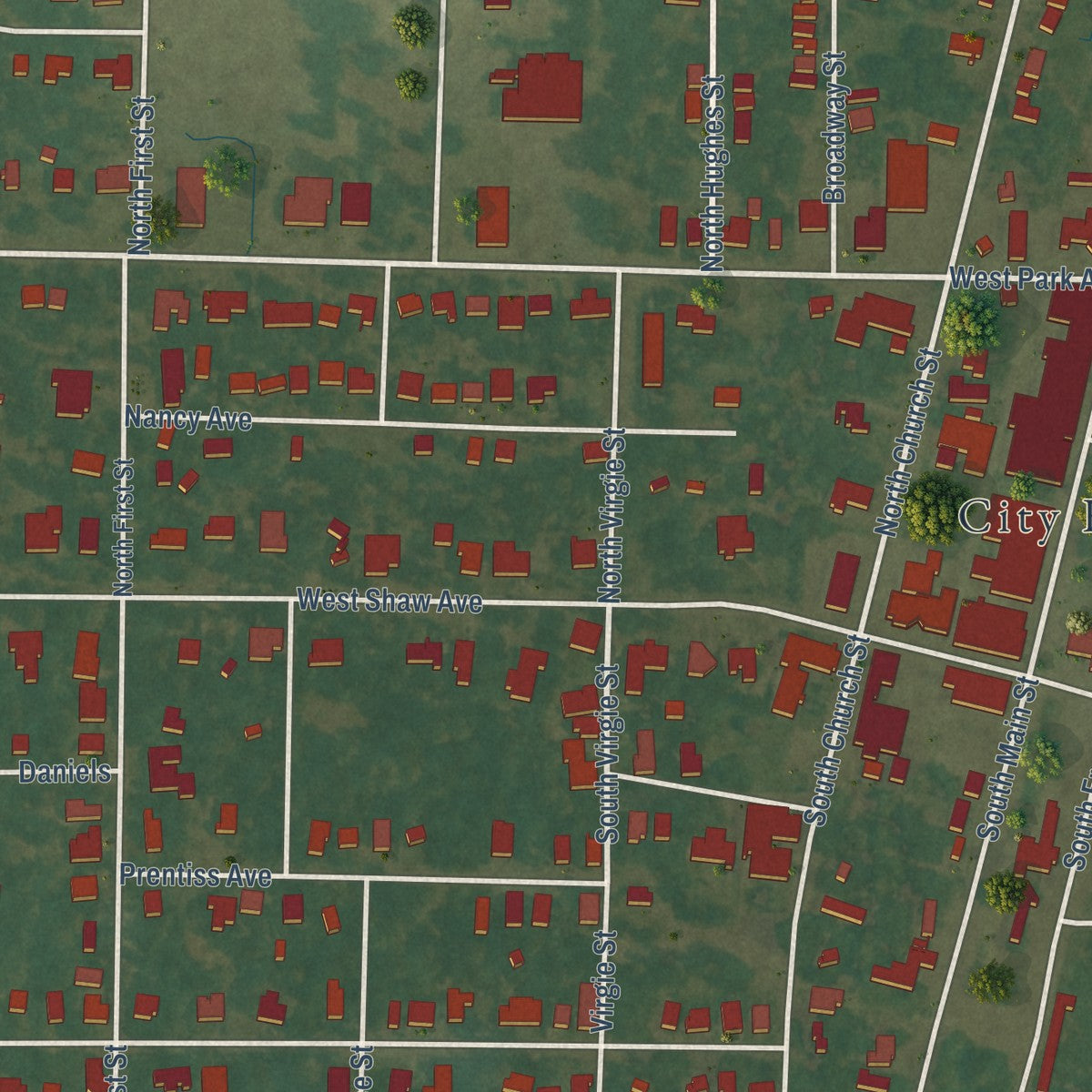 Close-up of the map of Drew, Mississippi print showing street and building detail