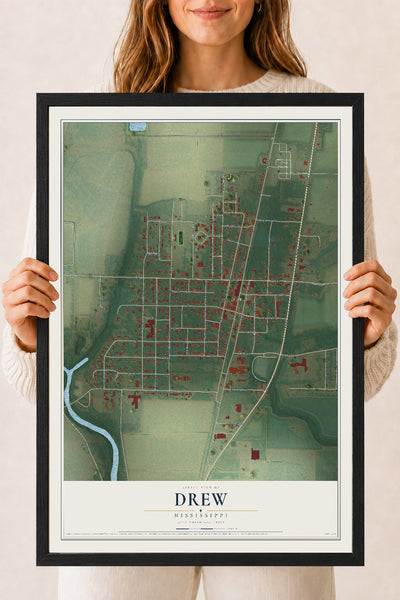 Map of Drew, Mississippi, 18 x 24 inch print in a black wood frame