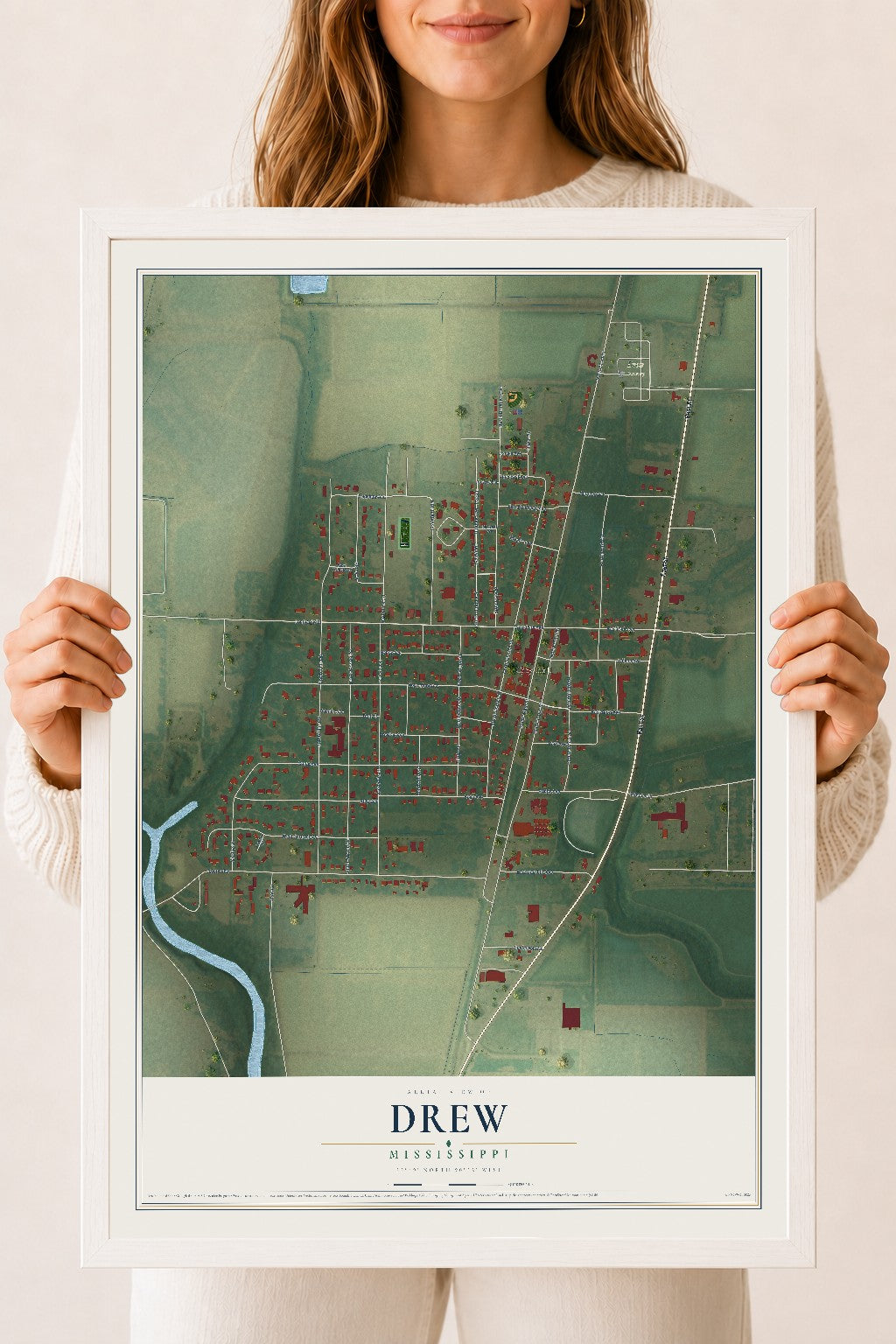 Map of Drew, Mississippi, 18 x 24 inch print in a white wood frame