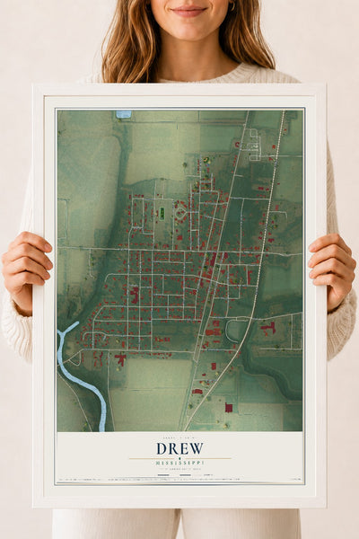 Map of Drew, Mississippi, 18 x 24 inch print in a white wood frame