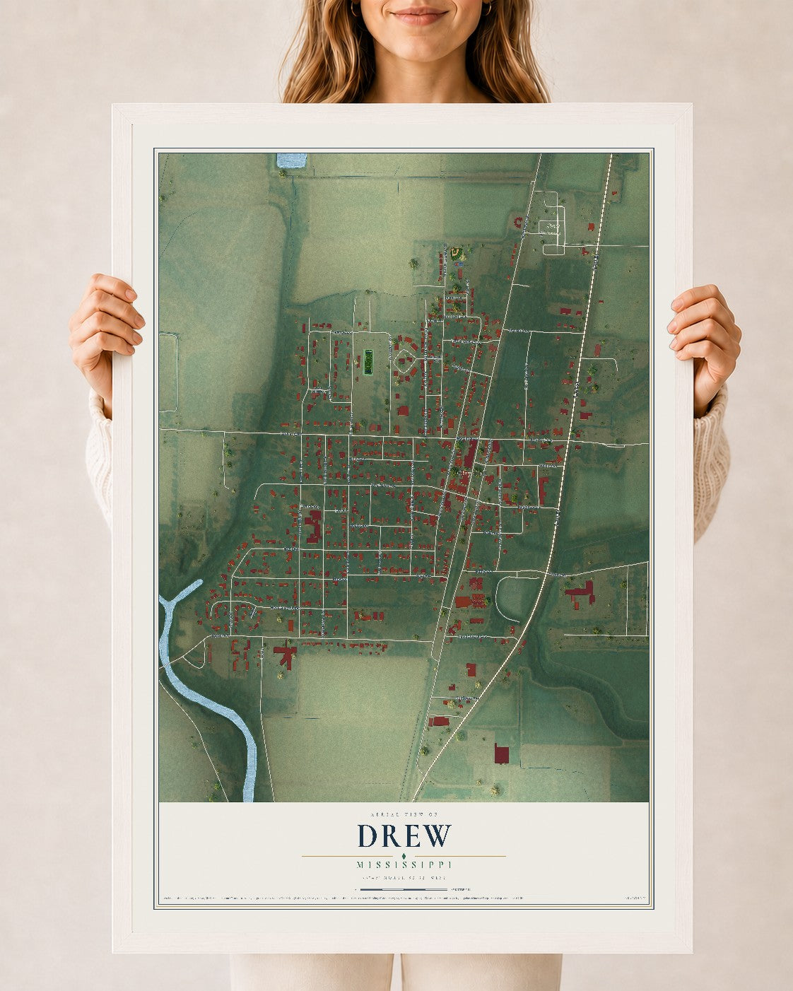 Map of Drew, Mississippi, 24 x 36 inch print in a white wood frame