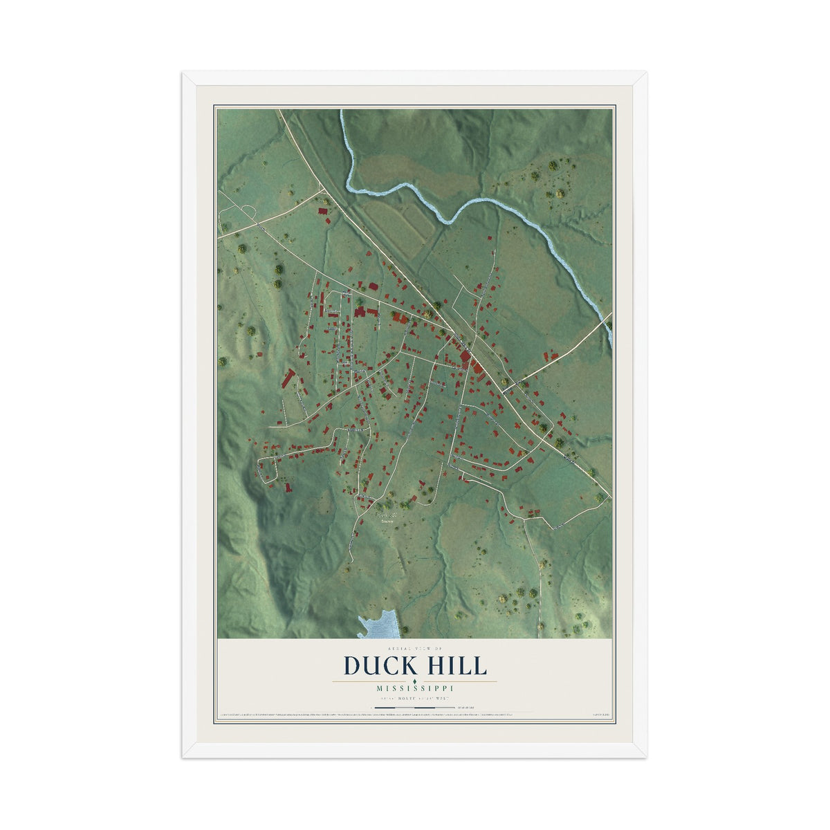 Map of Duck Hill, Mississippi, 12 x 18 inch print in a white wood frame