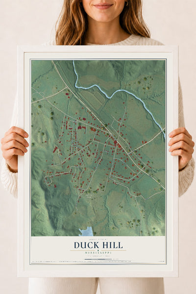 Map of Duck Hill, Mississippi, 18 x 24 inch print in a white wood frame