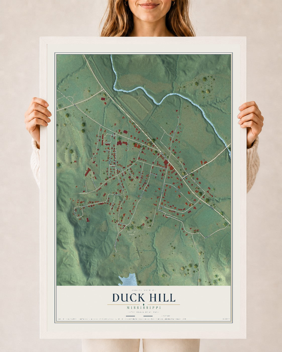 Map of Duck Hill, Mississippi, 24 x 36 inch print in a white wood frame