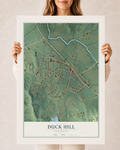 Map of Duck Hill, Mississippi, 24 x 36 inch print in a white wood frame