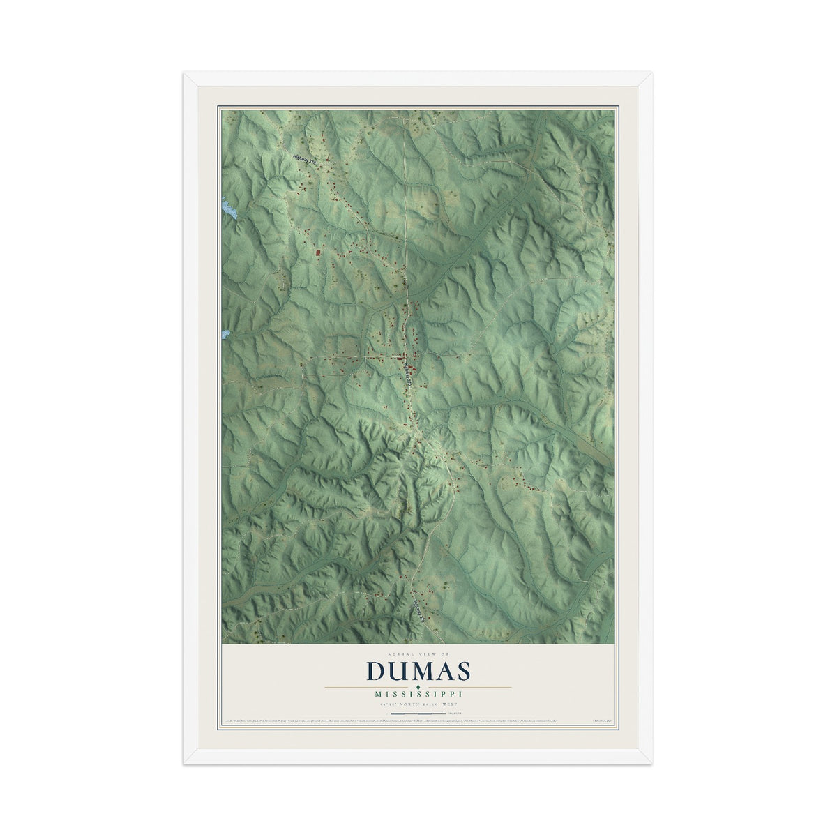 Map of Dumas, Mississippi, 12 x 18 inch print in a white wood frame