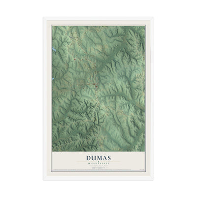 Map of Dumas, Mississippi, 12 x 18 inch print in a white wood frame