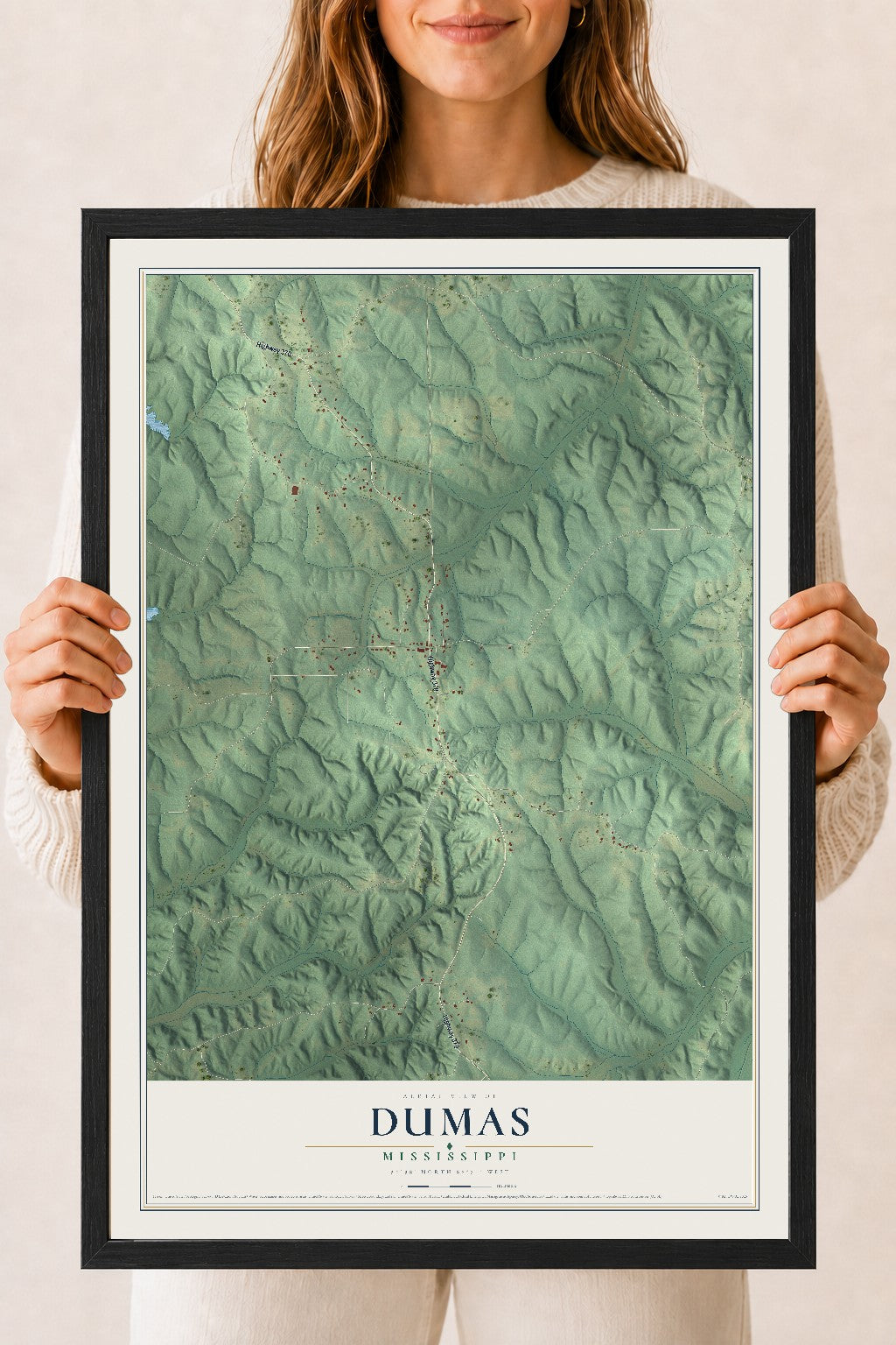 Map of Dumas, Mississippi, 18 x 24 inch print in a black wood frame