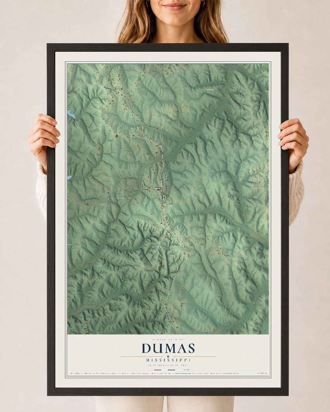 Map of Dumas, Mississippi, 24 x 36 inch print in a black wood frame