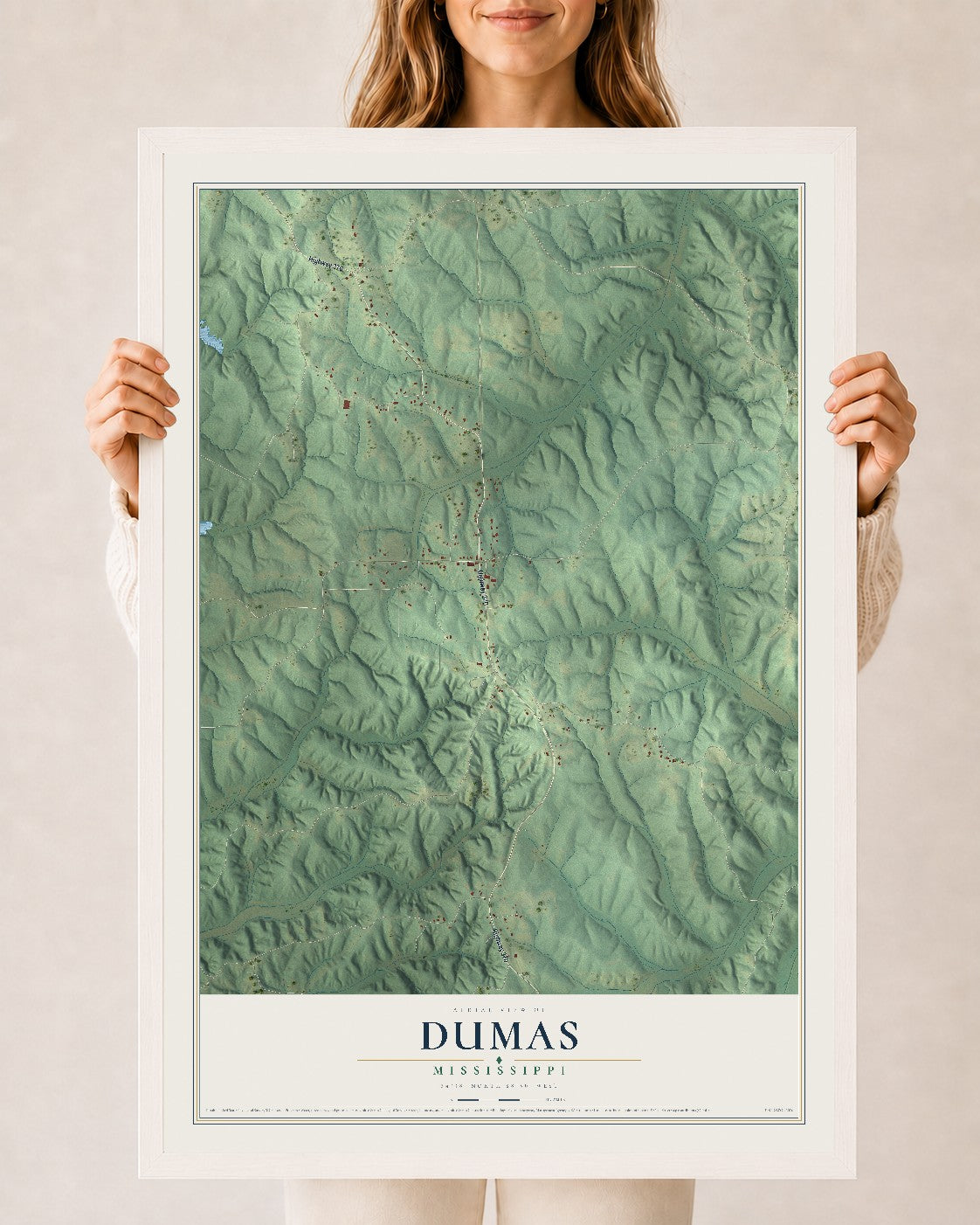 Map of Dumas, Mississippi, 24 x 36 inch print in a white wood frame