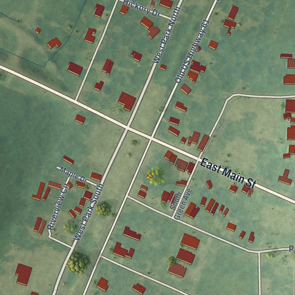Close-up of the map of Duncan, Mississippi print showing street and building detail