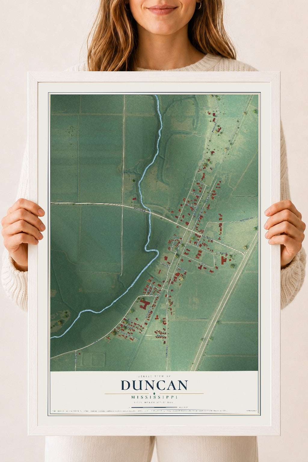 Map of Duncan, Mississippi, 18 x 24 inch print in a white wood frame