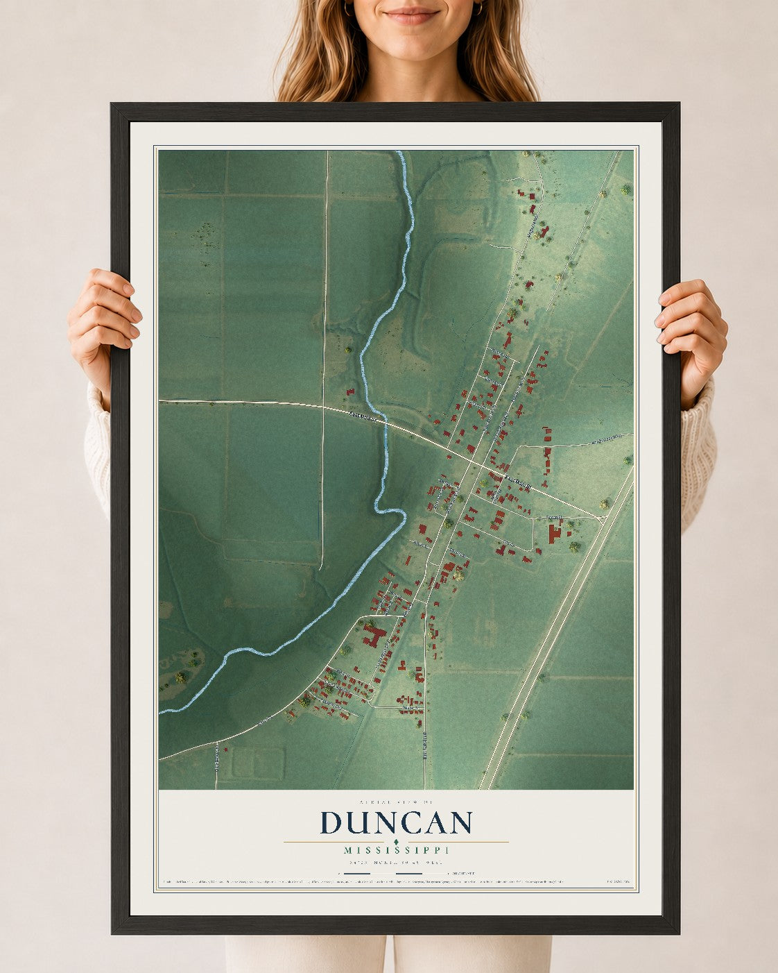 Map of Duncan, Mississippi, 24 x 36 inch print in a black wood frame