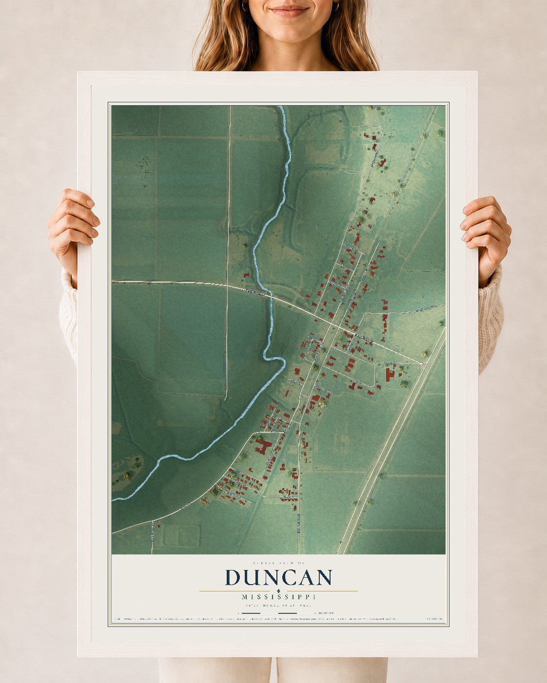 Map of Duncan, Mississippi, 24 x 36 inch print in a white wood frame