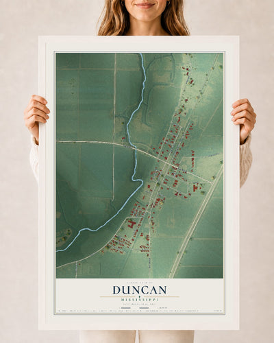 Map of Duncan, Mississippi, 24 x 36 inch print in a white wood frame