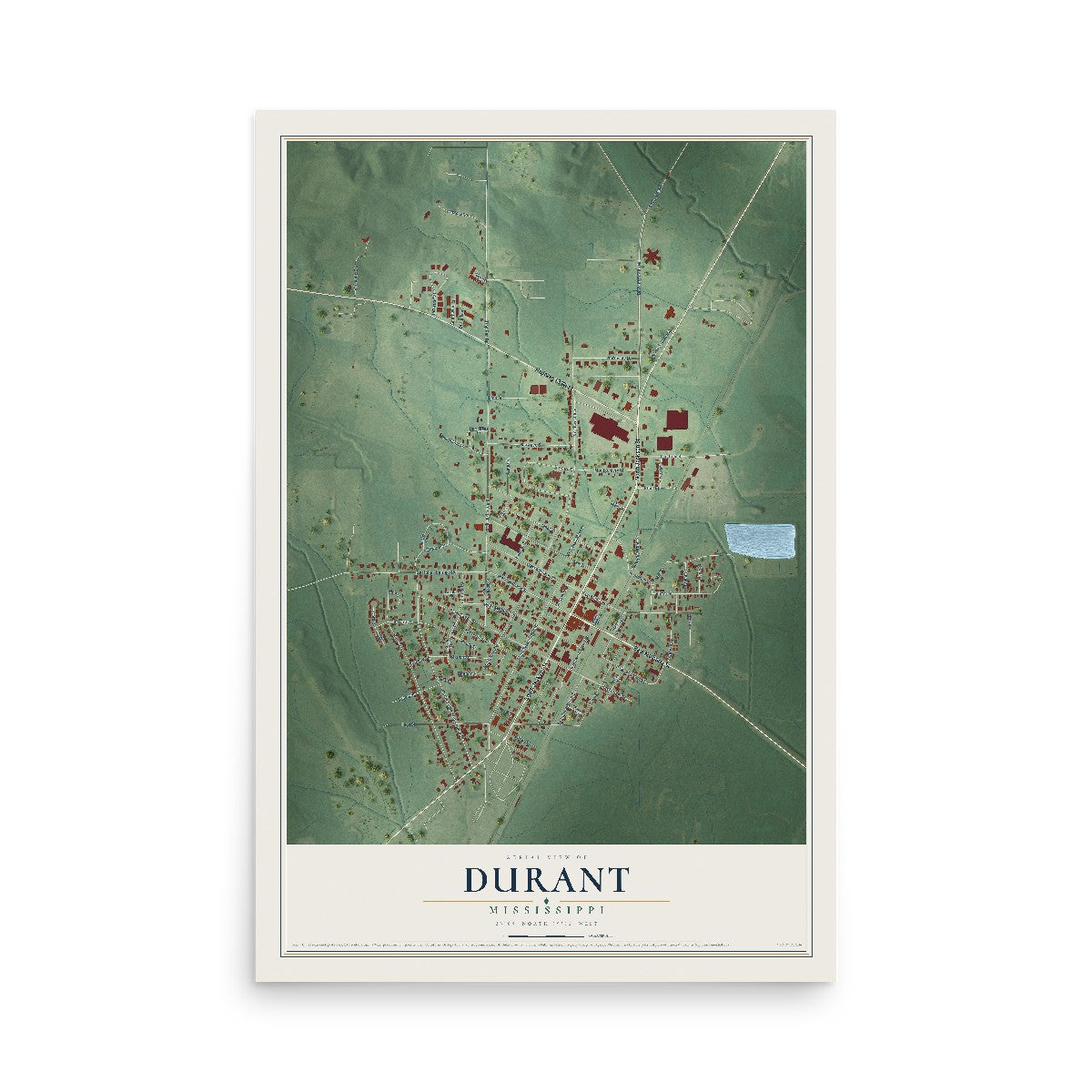 Map of Durant, Mississippi, 12 x 18 inch unframed archival matte print