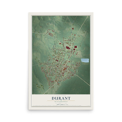 Map of Durant, Mississippi, 12 x 18 inch unframed archival matte print