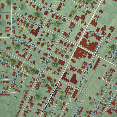 Close-up of the map of Durant, Mississippi print showing street and building detail