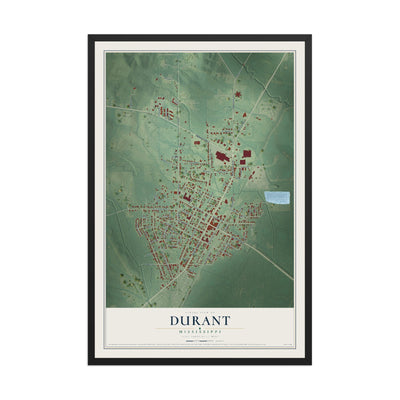 Map of Durant, Mississippi, 12 x 18 inch print in a black wood frame