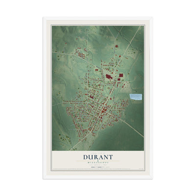 Map of Durant, Mississippi, 12 x 18 inch print in a white wood frame