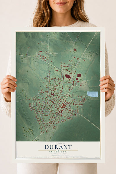 Map of Durant, Mississippi, 18 x 24 inch unframed archival matte print