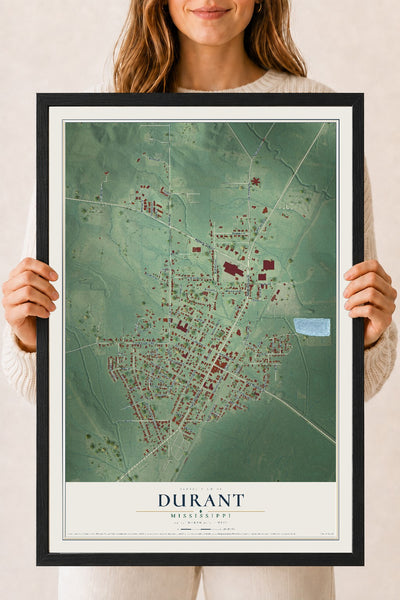 Map of Durant, Mississippi, 18 x 24 inch print in a black wood frame