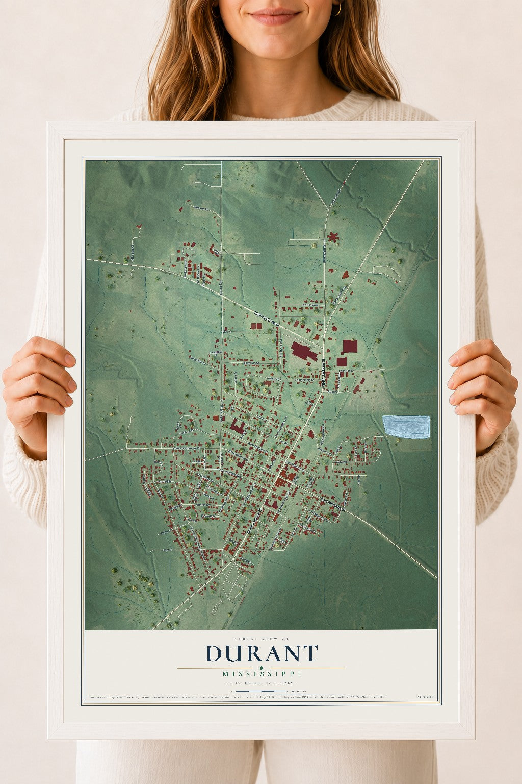 Map of Durant, Mississippi, 18 x 24 inch print in a white wood frame
