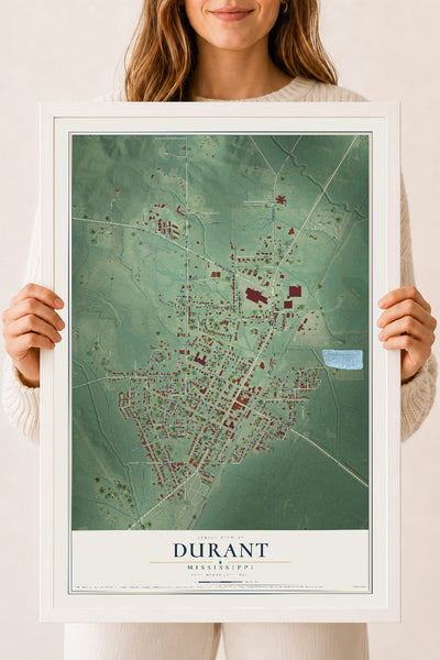 Map of Durant, Mississippi, 18 x 24 inch print in a white wood frame