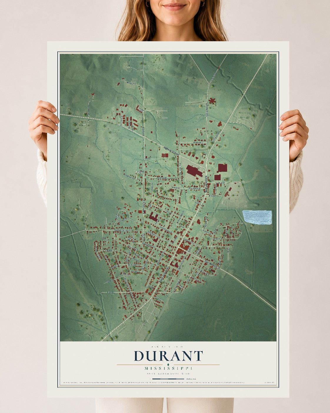 Map of Durant, Mississippi, 24 x 36 inch unframed archival matte print