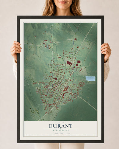 Map of Durant, Mississippi, 24 x 36 inch print in a black wood frame