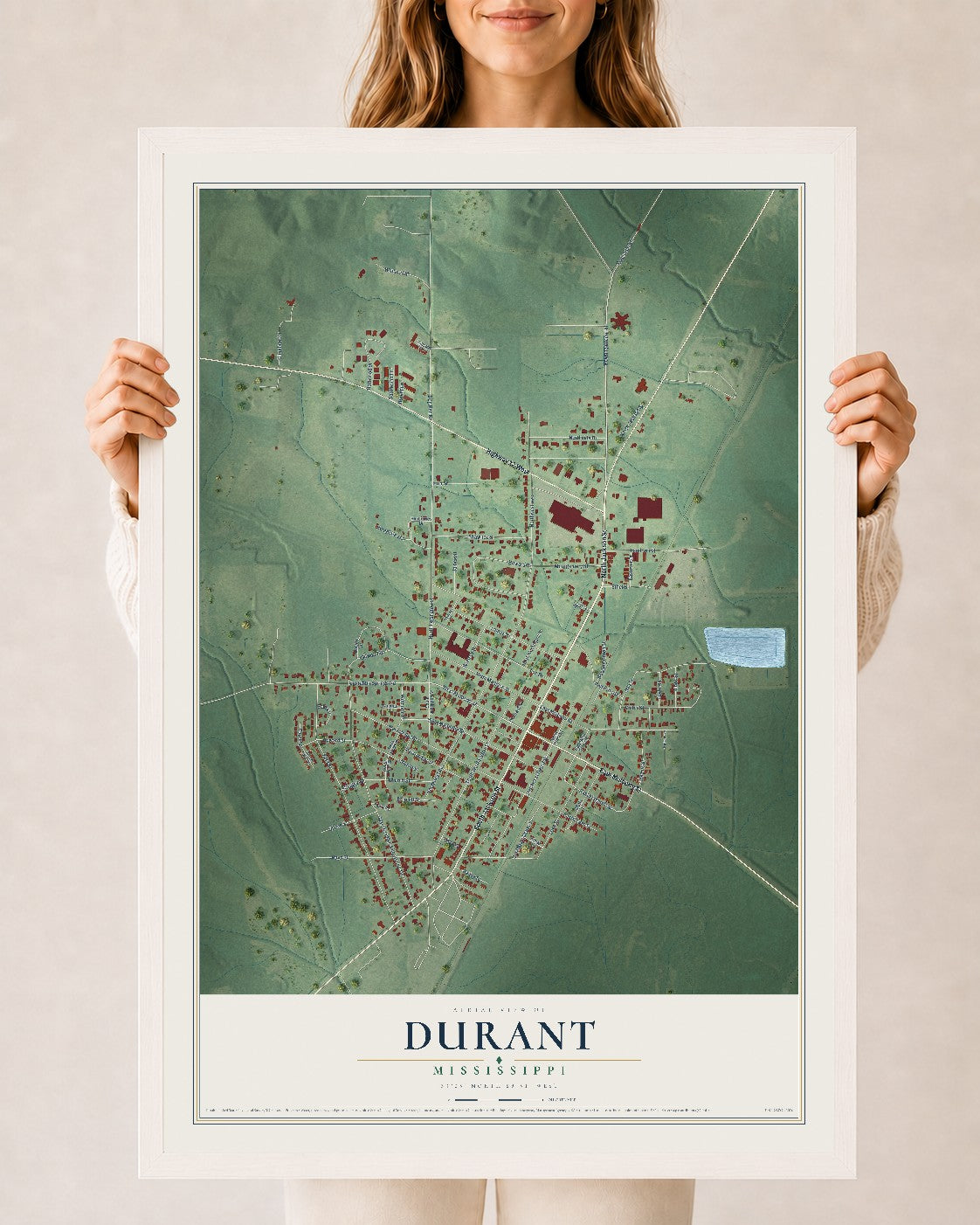 Map of Durant, Mississippi, 24 x 36 inch print in a white wood frame