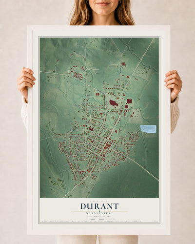 Map of Durant, Mississippi, 24 x 36 inch print in a white wood frame