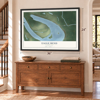 Eagle Bend, Mississippi map, 24 x 36 inch print in a black frame above a dresser by a staircase