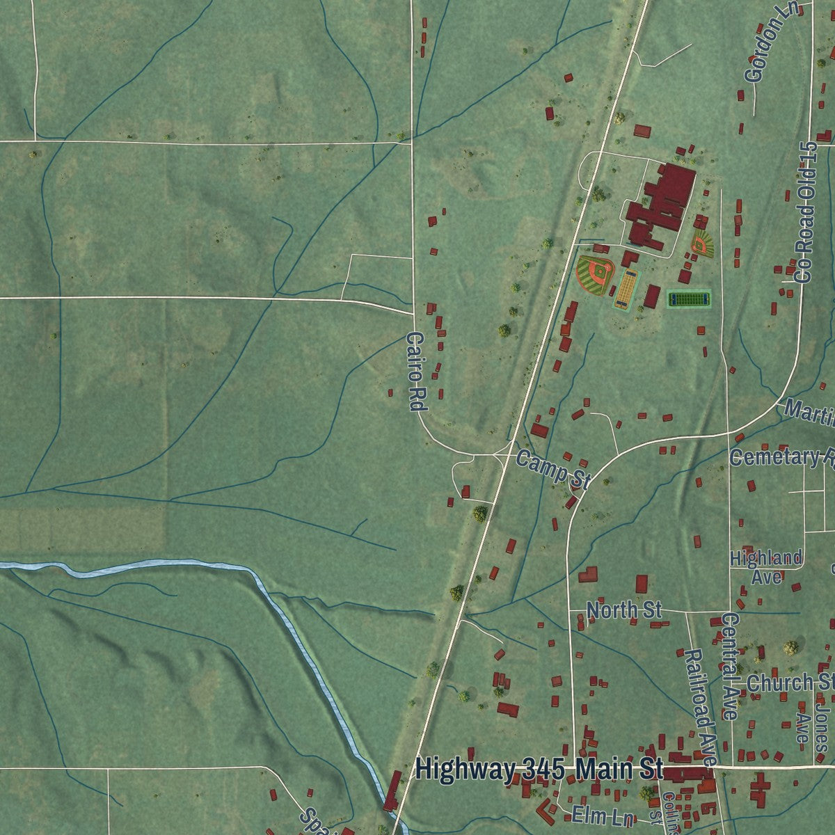 Close-up of the map of Ecru, Mississippi print showing street and building detail