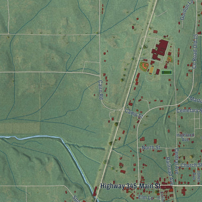 Close-up of the map of Ecru, Mississippi print showing street and building detail