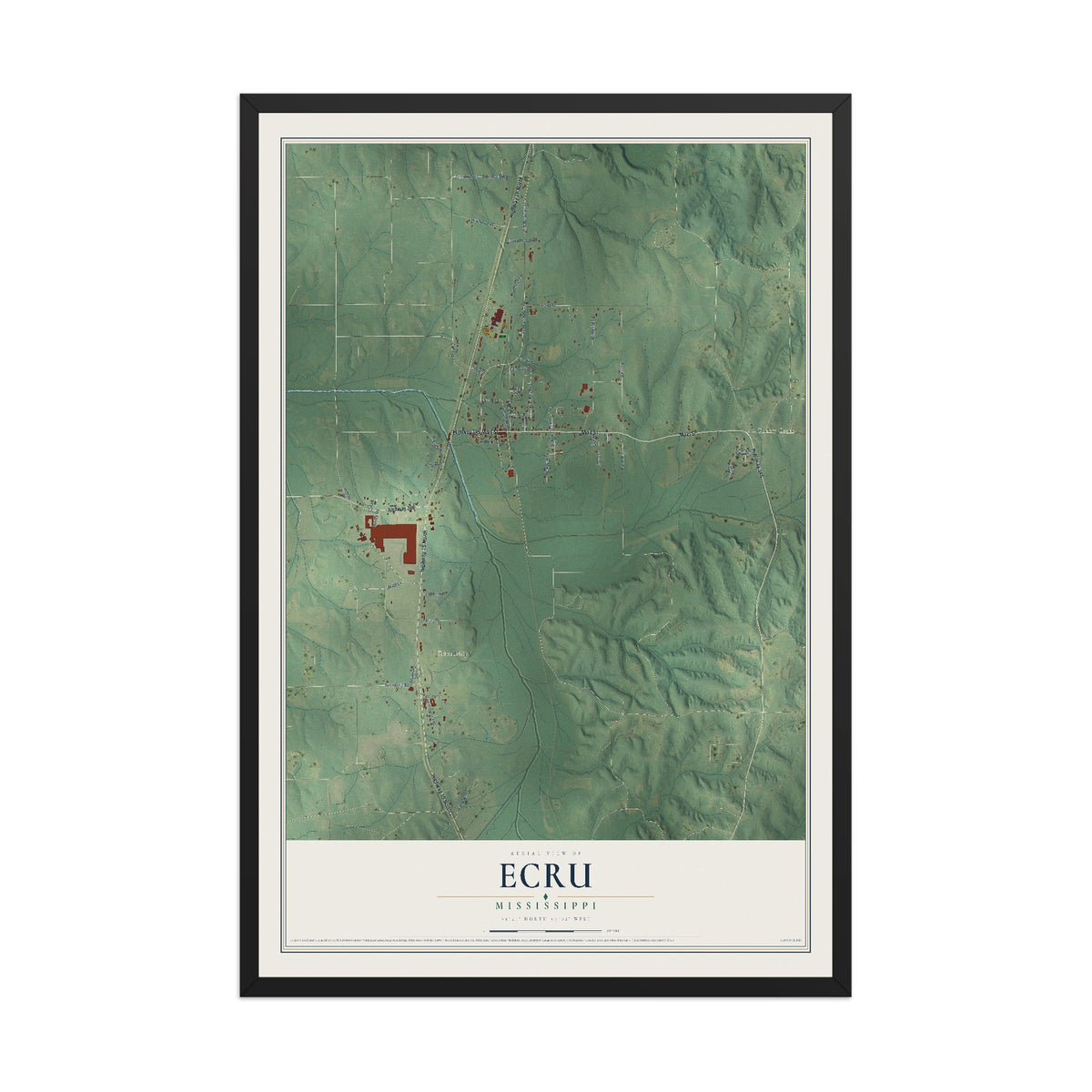 Map of Ecru, Mississippi, 12 x 18 inch print in a black wood frame