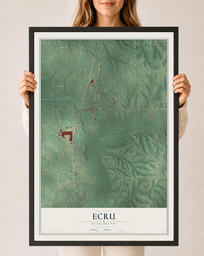Map of Ecru, Mississippi, 24 x 36 inch print in a black wood frame