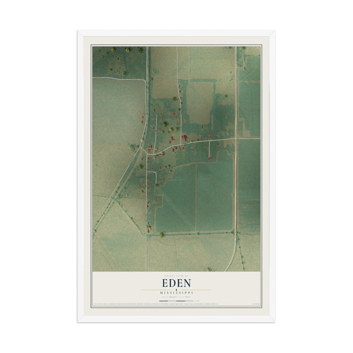 Map of Eden, Mississippi, 12 x 18 inch print in a white wood frame