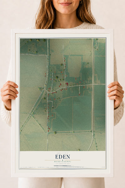 Map of Eden, Mississippi, 18 x 24 inch print in a white wood frame