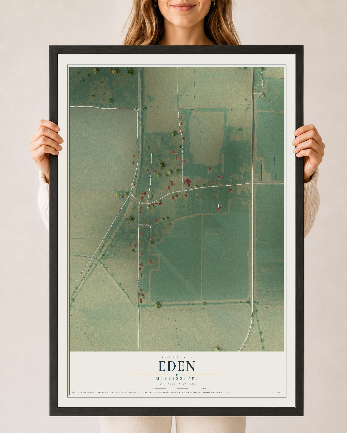 Map of Eden, Mississippi, 24 x 36 inch print in a black wood frame