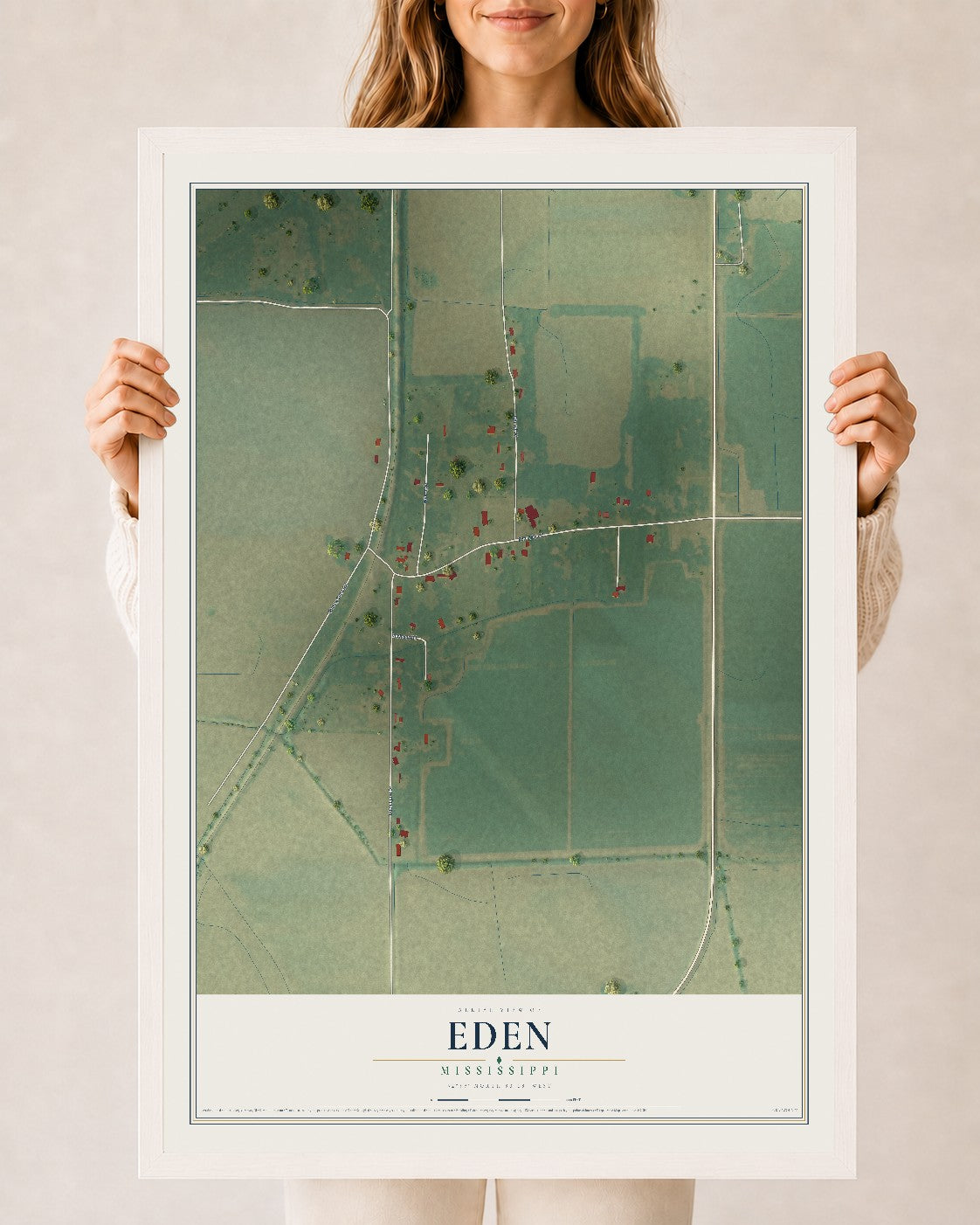 Map of Eden, Mississippi, 24 x 36 inch print in a white wood frame
