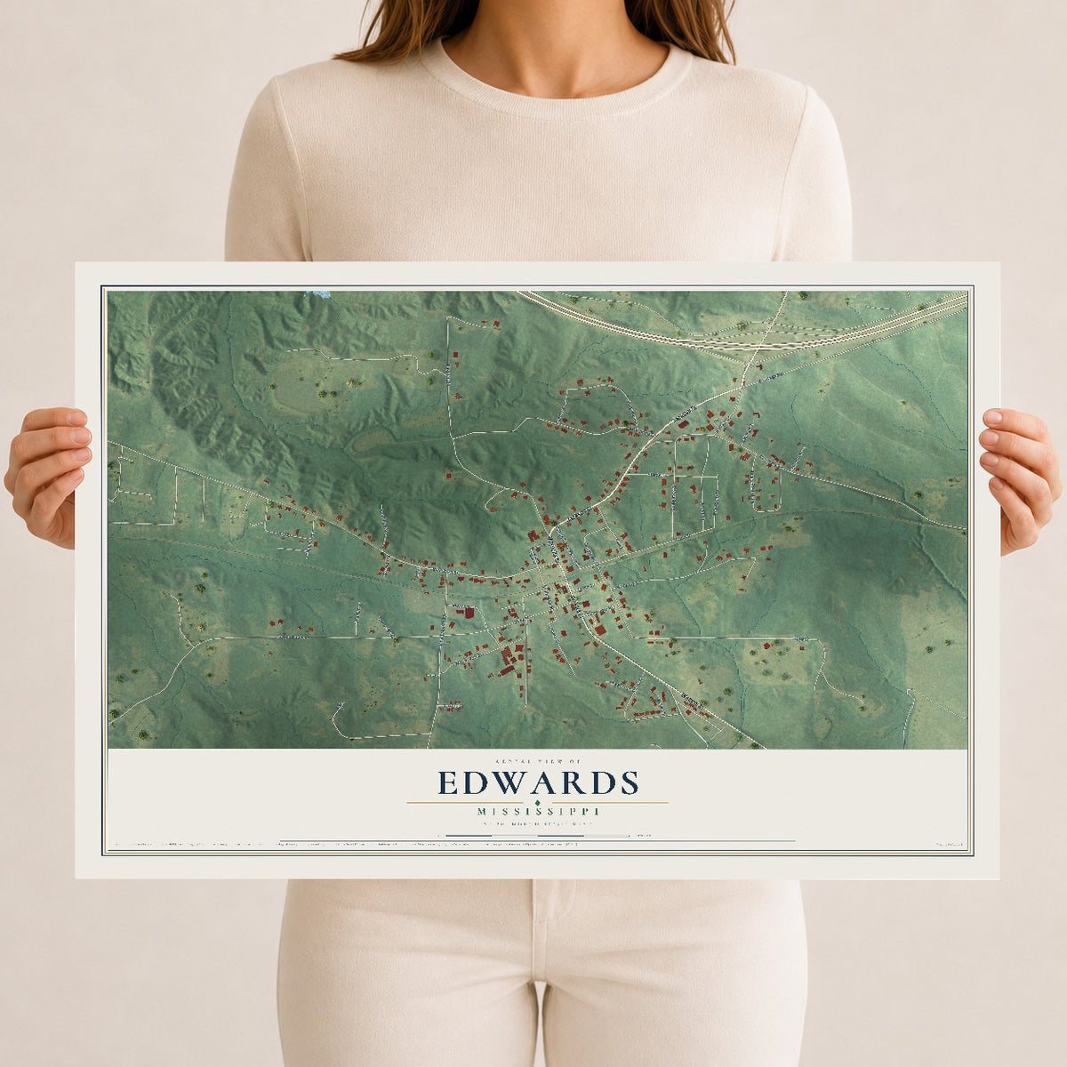 Map of Edwards, Mississippi, 12 x 18 inch unframed archival matte print