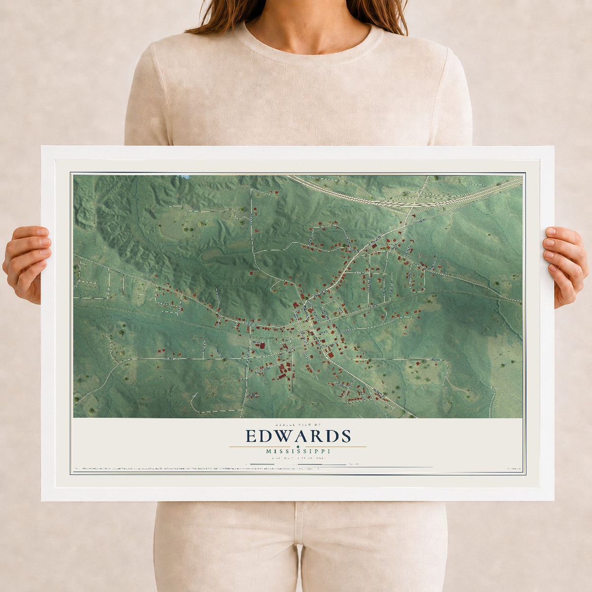 Map of Edwards, Mississippi, 12 x 18 inch print in a white wood frame