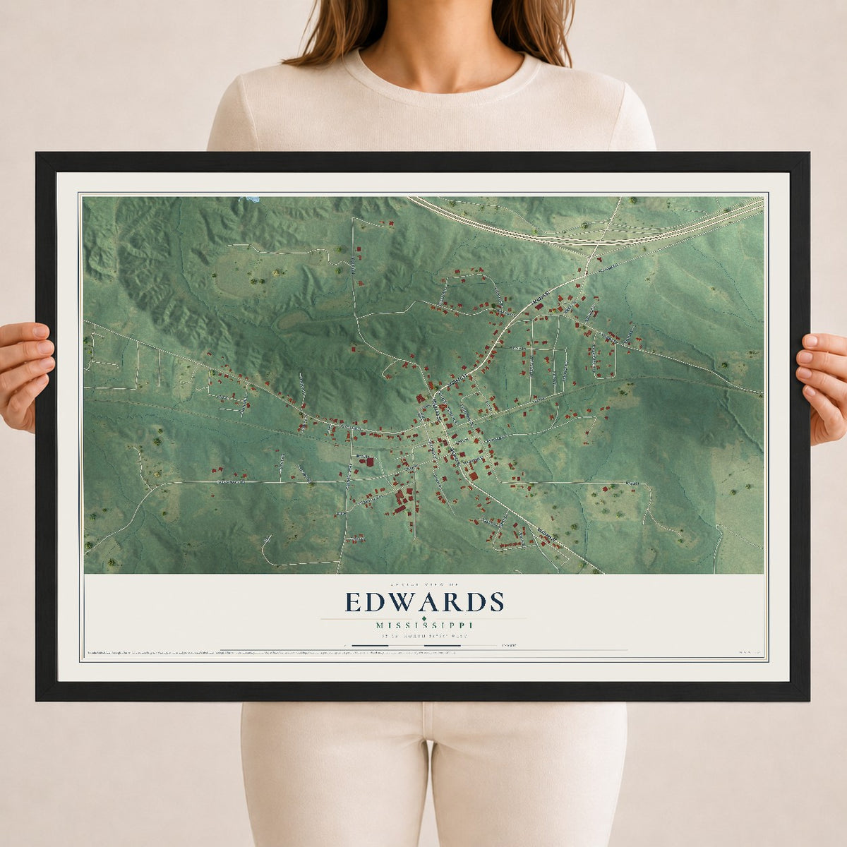 Map of Edwards, Mississippi, 18 x 24 inch print in a black wood frame