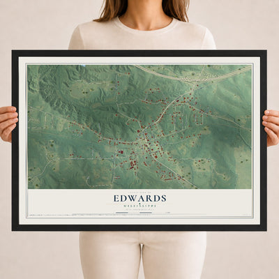 Map of Edwards, Mississippi, 18 x 24 inch print in a black wood frame