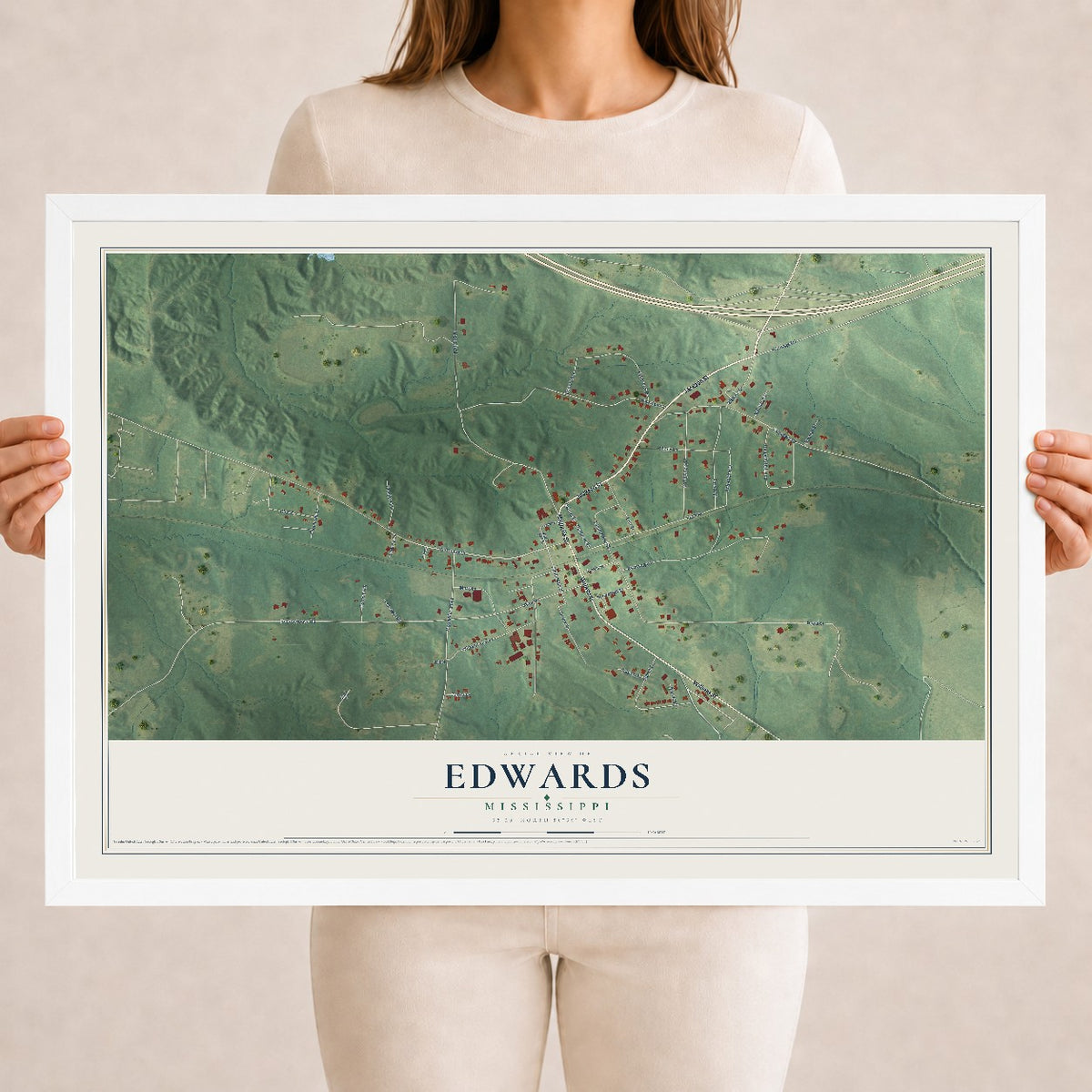 Map of Edwards, Mississippi, 18 x 24 inch print in a white wood frame