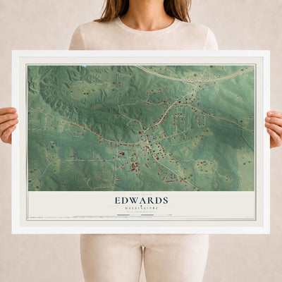 Map of Edwards, Mississippi, 18 x 24 inch print in a white wood frame